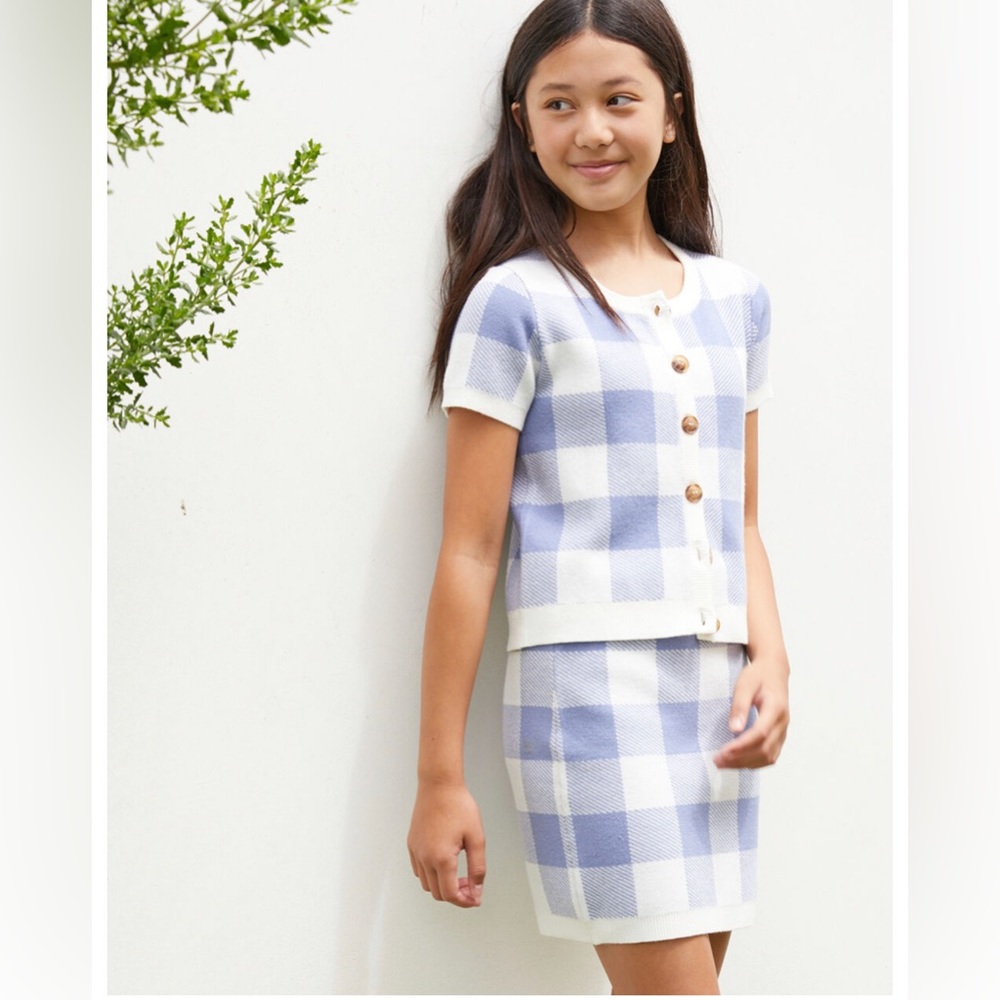 Tilly’s Full Tilt matching skirt and shirt Gingham plaid white and blue.